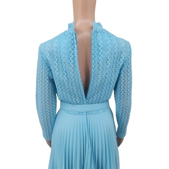Mary Dobbs Original Vintage 60s Blue Polyester Hostess Dress Zigzag Pleats - Picture 12 of 16